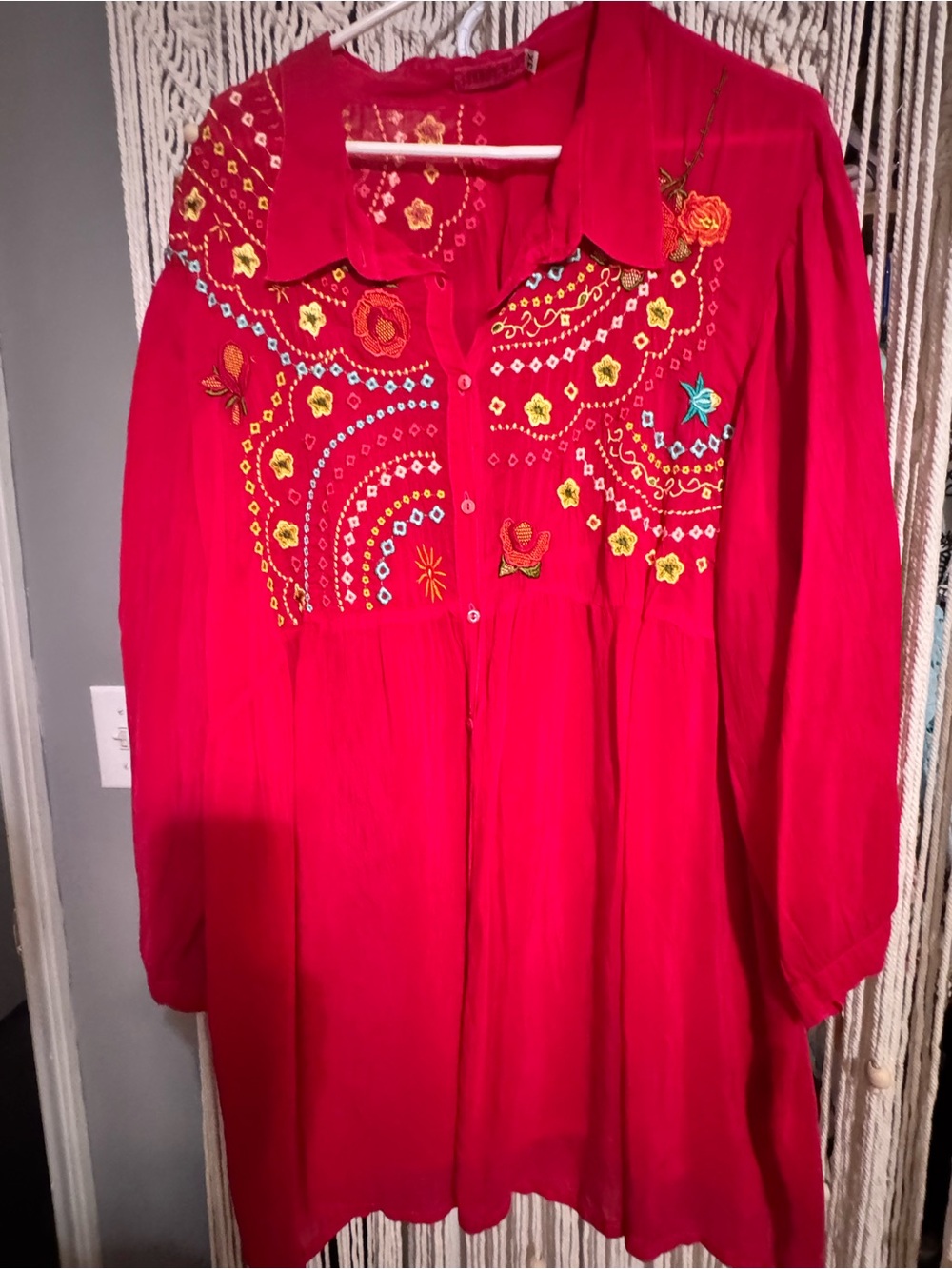 Johnny Was Red Embroidered Button-Front Tunic 3X